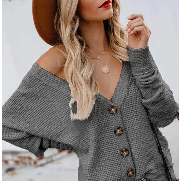Sweaters - Sexy Button Cardigan Sweater Waffle Knit Top